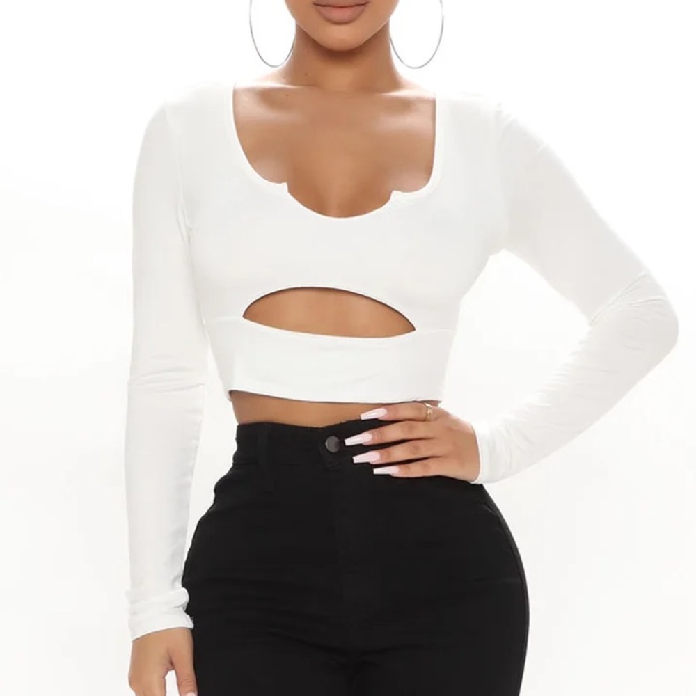 Fashion Nova- White Long Sleeve Cut-Out Top